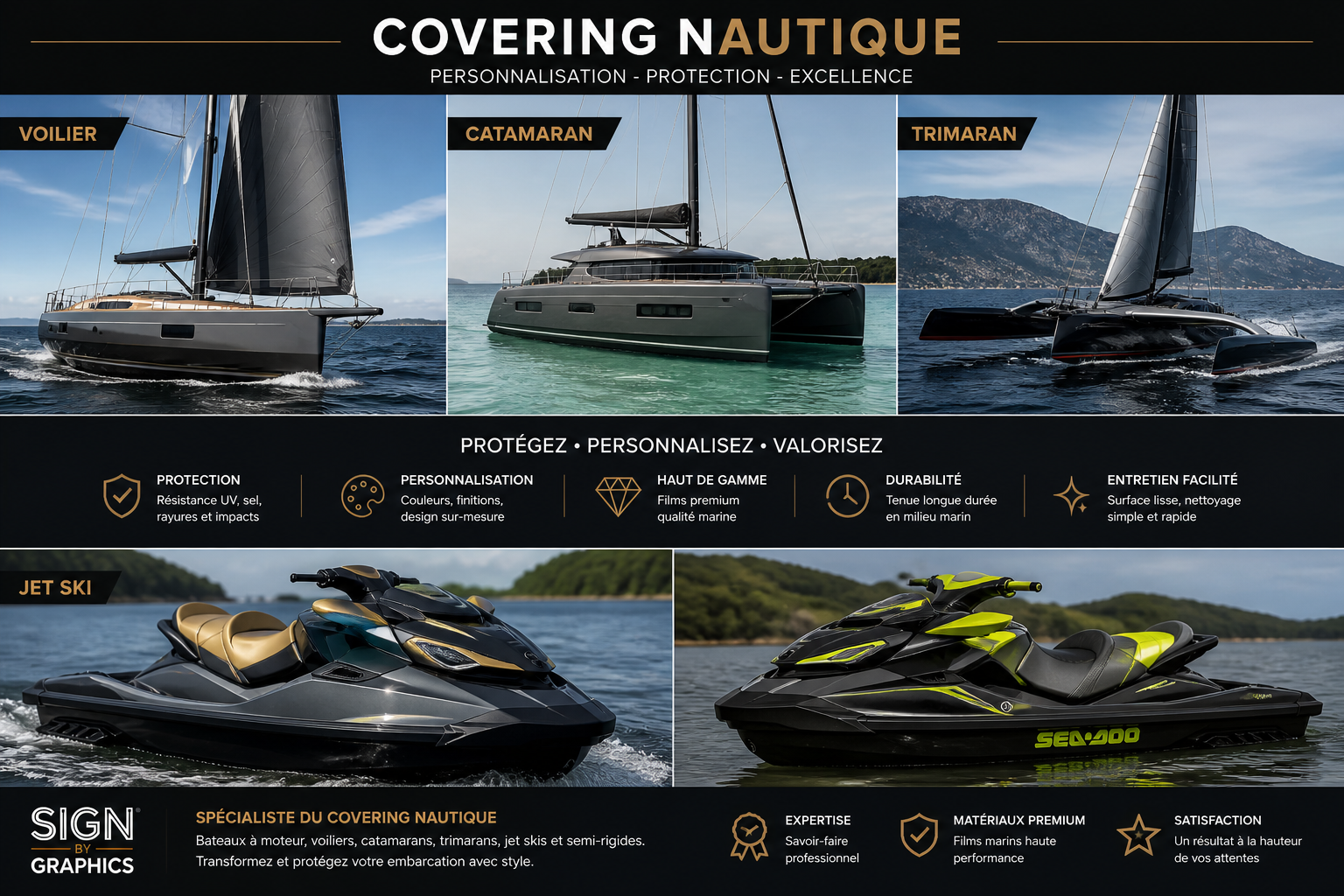 Montage photo covering nautique avec bateau, voilier, catamaran, trimaran et jet ski sur le Bassin d’Arcachon